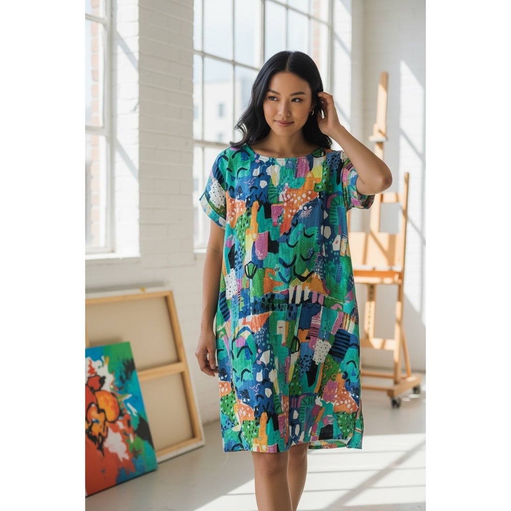 Orientique Naturally Australian Abstract Art Print Linen Shift Dress Pocket US S